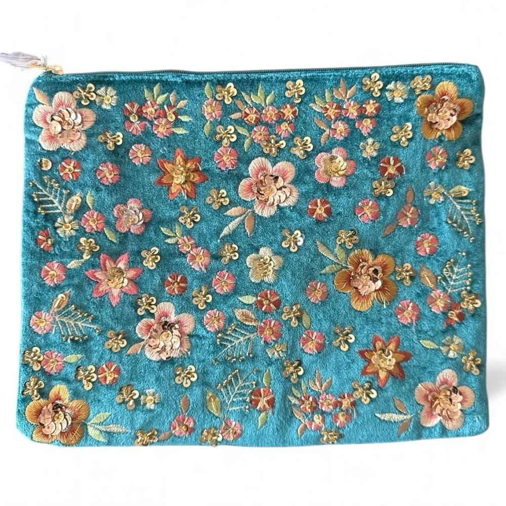 Floral Embroidered Velvet Clutch/Cosmetic Case - Teal and Multicolor